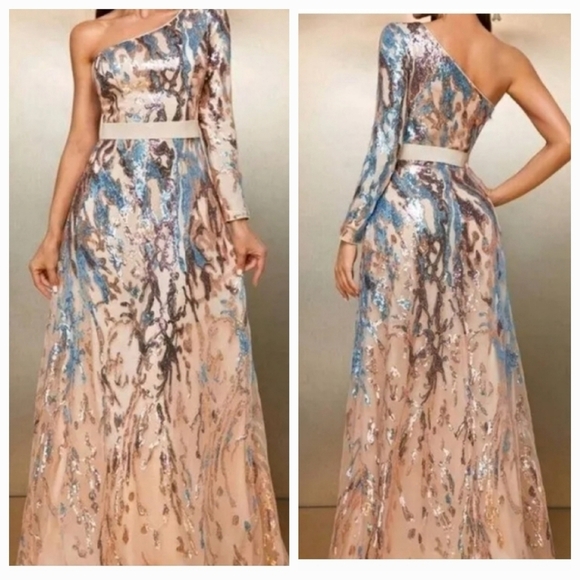 Multicolor,  Graphic Print,  Assymmetrical Neck,  Sequined Mermaid Gown - Picture 1 of 13